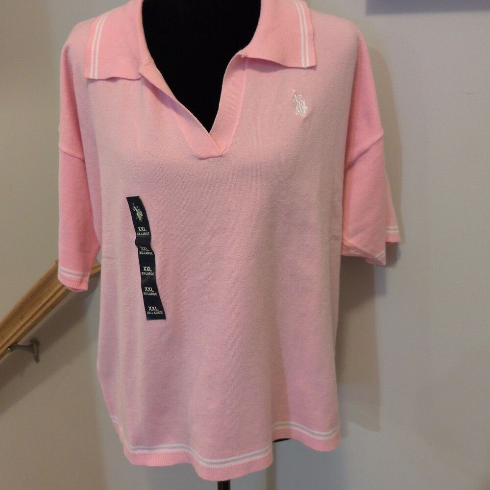 NWT US Polo Assn Womens Double Tipped Split Neck Sweater Polo Shirt Pink XXL NEW